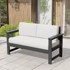 Grey 4-Piece HDPE Plastic Patio Conversation Set With Beige Cushions -Jearey jearey patio conversation sets 4cvst grbg 4f 1000