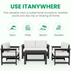 Grey 4-Piece HDPE Plastic Patio Conversation Set With Beige Cushions -Jearey jearey patio conversation sets 4cvst grbg 76 1000