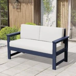 Navy 4-Piece HDPE Plastic Patio Conversation Set With Beige Cushions -Jearey jearey patio conversation sets 4cvst nvbg 4f 1000