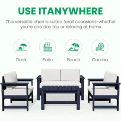 Navy 4-Piece HDPE Plastic Patio Conversation Set With Beige Cushions -Jearey jearey patio conversation sets 4cvst nvbg 76 1000