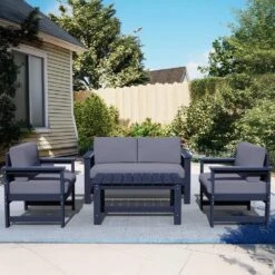Navy 4-Piece HDPE Plastic Patio Conversation Set With Grey Cushions
