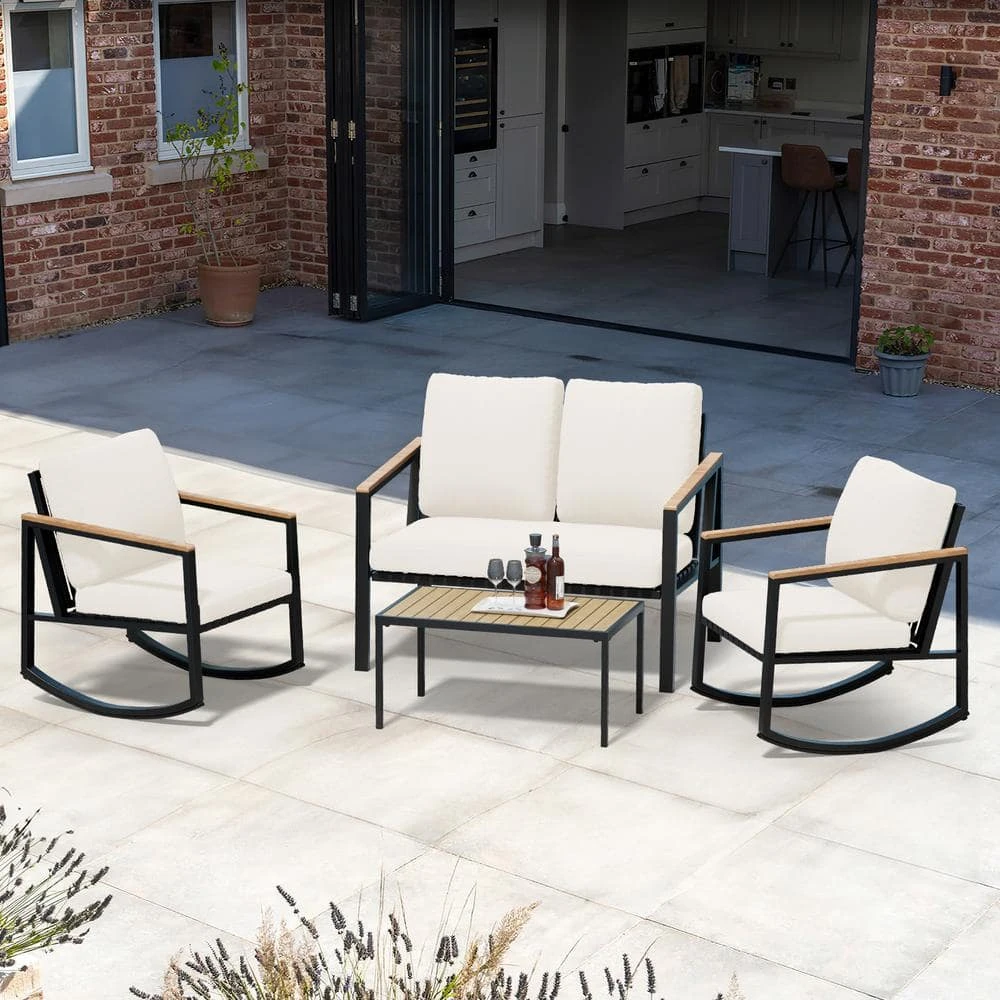 4-Piece Metal Outdoor Patio Conversation Set With Beige Cushions, 2-Rocking Chairs And Coffee Table 7 4-Piece Metal Outdoor Patio Conversation Set With Beige Cushions, 2-Rocking Chairs And Coffee Table - Image 7