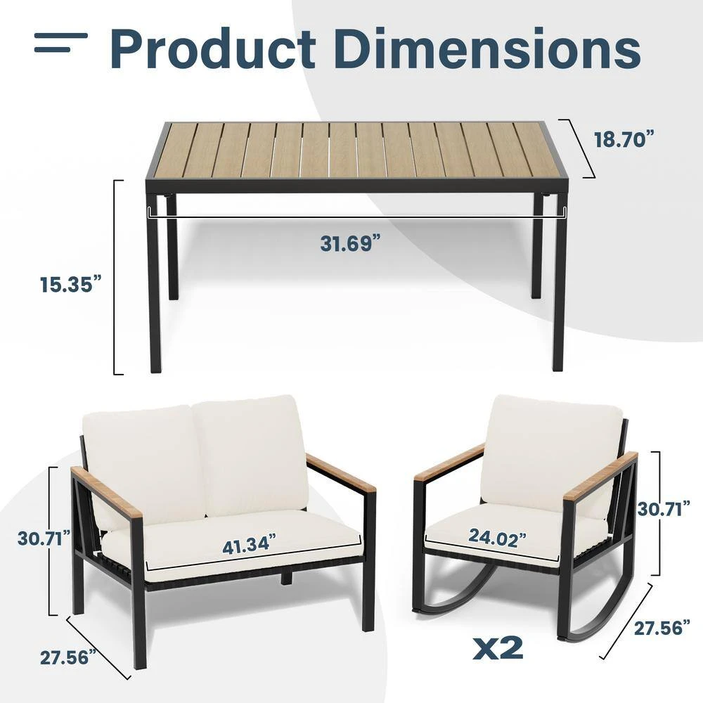 4-Piece Metal Outdoor Patio Conversation Set With Beige Cushions, 2-Rocking Chairs And Coffee Table 2 4-Piece Metal Outdoor Patio Conversation Set With Beige Cushions, 2-Rocking Chairs And Coffee Table - Image 2