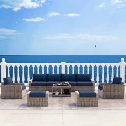 9-Piece Wicker Outdoor Patio Conversation Seating Set With Navy Olefin Cushions -Jearey jearey patio conversation sets 9psl navy 31 1000
