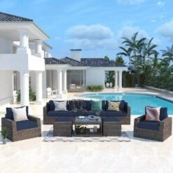 9-Piece Wicker Outdoor Patio Conversation Seating Set With Navy Olefin Cushions