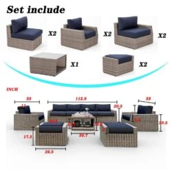 9-Piece Wicker Outdoor Patio Conversation Seating Set With Navy Olefin Cushions -Jearey jearey patio conversation sets 9psl navy 77 1000