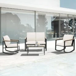 4-Piece Metal Outdoor Beige Patio Conversation Set With Cushions, 2-Rocking Chairs And Coffee Table -Jearey jearey patio conversation sets agsd beige 31 1000