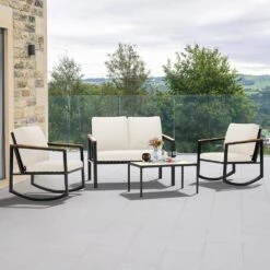 4-Piece Metal Outdoor Beige Patio Conversation Set With Cushions, 2-Rocking Chairs And Coffee Table