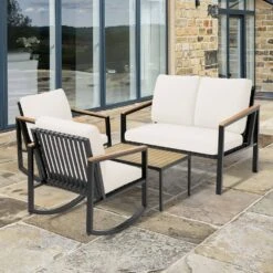 4-Piece Metal Outdoor Beige Patio Conversation Set With Cushions, 2-Rocking Chairs And Coffee Table -Jearey jearey patio conversation sets agsd beige 76 1000