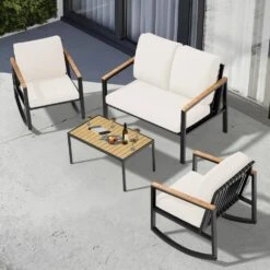 4-Piece Metal Outdoor Beige Patio Conversation Set With Cushions, 2-Rocking Chairs And Coffee Table -Jearey jearey patio conversation sets agsd beige fa 1000