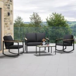 4-Piece Metal Outdoor Grey Patio Conversation Set With Cushions, 2-Rocking Chairs And Coffee Table
