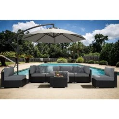 7-Piece Wicker Patio Conversation Set With Gray Cushions And Pillows, Also Rain Resistant Sofa Cover