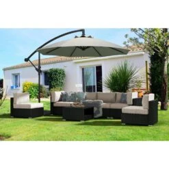 7-Piece Wicker Patio Conversation Set With Khaki Cushions And Pillows, Also Rain Resistant Sofa Cover -Jearey jearey patio conversation sets ke7 khaki 31 1000