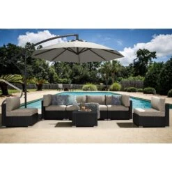 7-Piece Wicker Patio Conversation Set With Khaki Cushions And Pillows, Also Rain Resistant Sofa Cover
