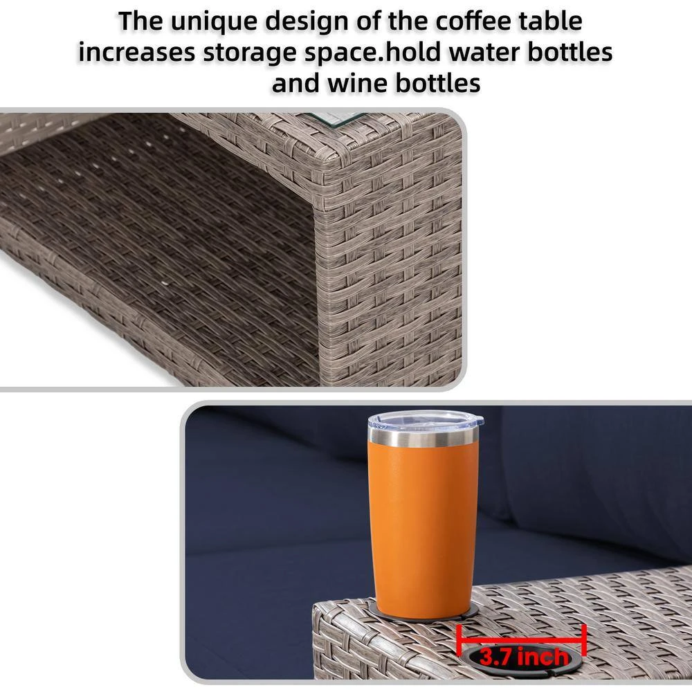 9-Piece All Weather Wicker Patio Conversation Sets With Navy Cushions 4 9-Piece All Weather Wicker Patio Conversation Sets With Navy Cushions - Image 4