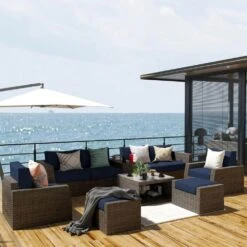 9-Piece All Weather Wicker Patio Conversation Sets With Navy Cushions