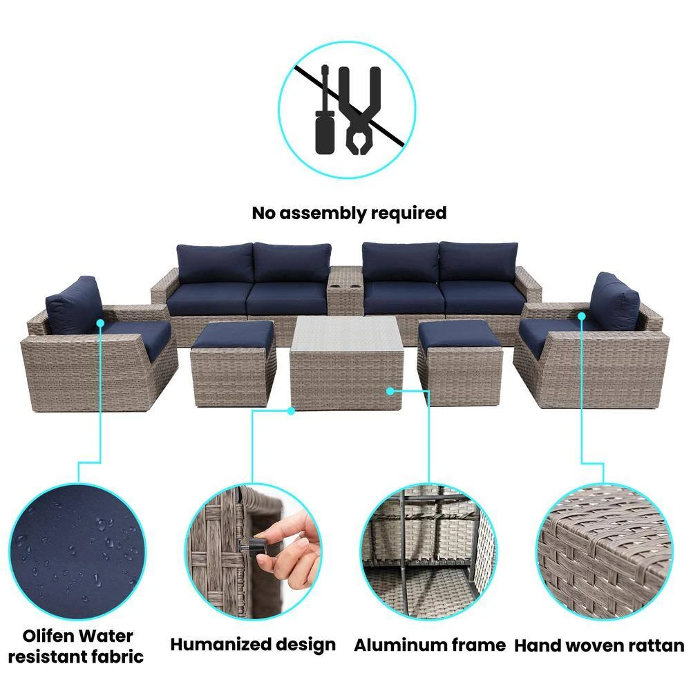 9-Piece All Weather Wicker Patio Conversation Sets With Navy Cushions 2 9-Piece All Weather Wicker Patio Conversation Sets With Navy Cushions - Image 2
