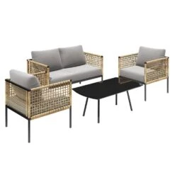 4-Piece Patio Conversation Set, Balcony Bistro Set 2 Outdoor Chairs And 1 Loveseat With Cushions, Coffee Table, Beige 17 4-Piece Patio Conversation Set, Balcony Bistro Set 2 Outdoor Chairs And 1 Loveseat With Cushions, Coffee Table, Beige -Jearey jearey patio conversation sets swsf4 bg 31 1000