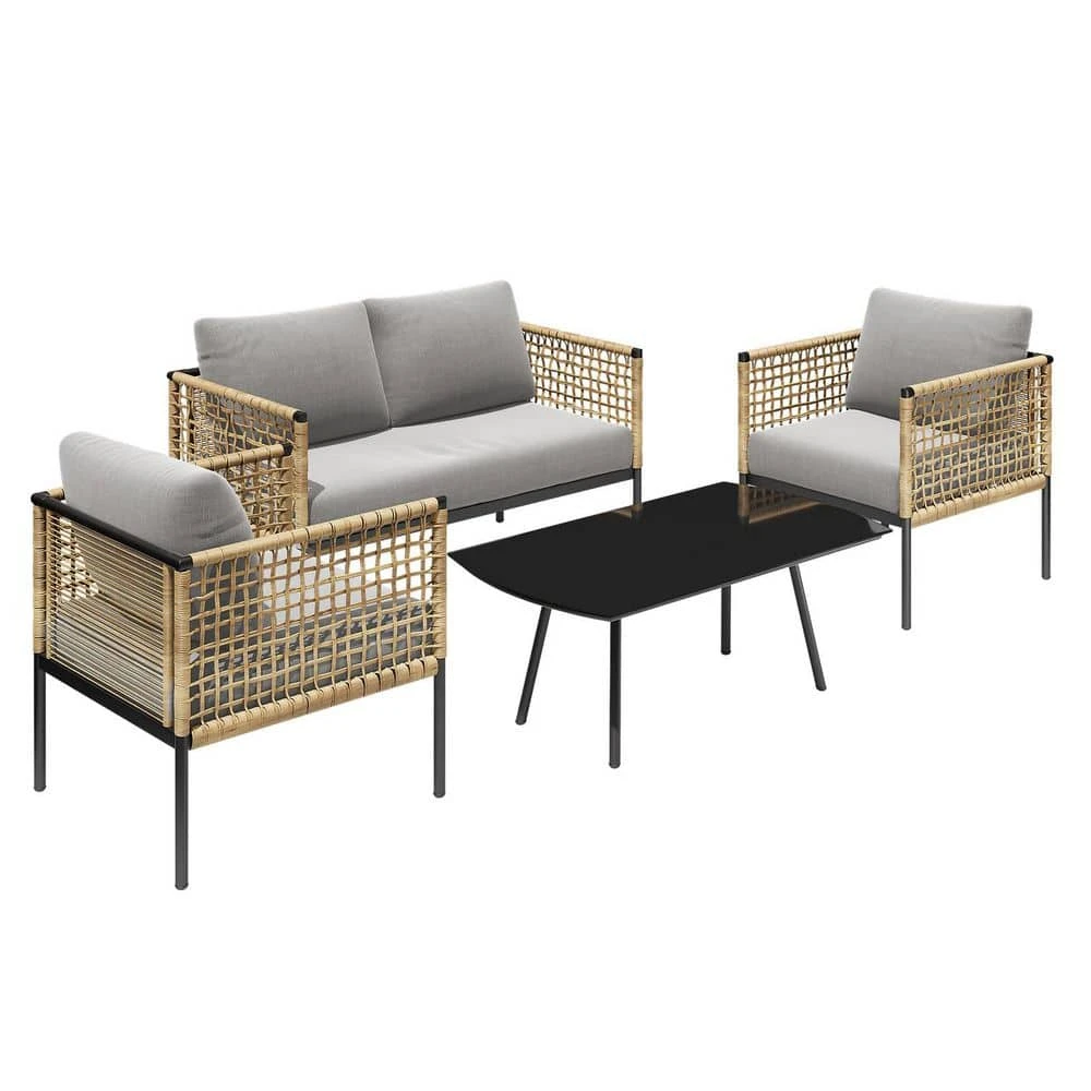 4-Piece Patio Conversation Set, Balcony Bistro Set 2 Outdoor Chairs And 1 Loveseat With Cushions, Coffee Table, Beige 9 4-Piece Patio Conversation Set, Balcony Bistro Set 2 Outdoor Chairs And 1 Loveseat With Cushions, Coffee Table, Beige - Image 9
