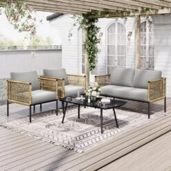 4-Piece Patio Conversation Set, Balcony Bistro Set 2 Outdoor Chairs And 1 Loveseat With Cushions, Coffee Table, Beige