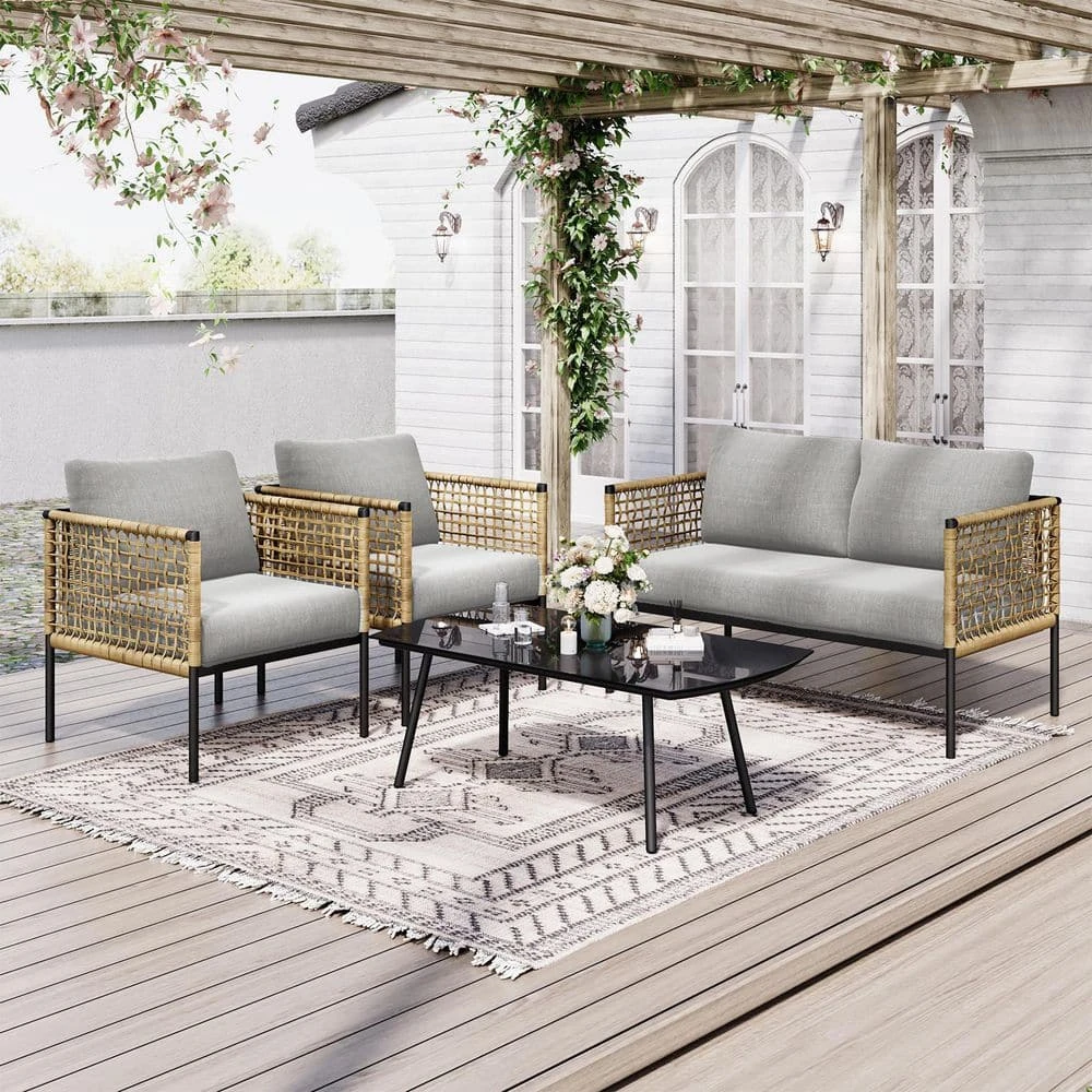 4-Piece Patio Conversation Set, Balcony Bistro Set 2 Outdoor Chairs And 1 Loveseat With Cushions, Coffee Table, Beige 1 4-Piece Patio Conversation Set, Balcony Bistro Set 2 Outdoor Chairs And 1 Loveseat With Cushions, Coffee Table, Beige