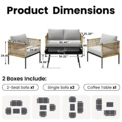 4-Piece Patio Conversation Set, Balcony Bistro Set 2 Outdoor Chairs And 1 Loveseat With Cushions, Coffee Table, Beige 11 4-Piece Patio Conversation Set, Balcony Bistro Set 2 Outdoor Chairs And 1 Loveseat With Cushions, Coffee Table, Beige -Jearey jearey patio conversation sets swsf4 bg c3 1000