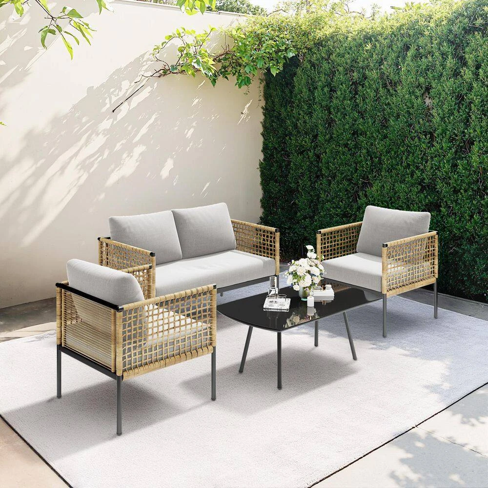 4-Piece Patio Conversation Set, Balcony Bistro Set 2 Outdoor Chairs And 1 Loveseat With Cushions, Coffee Table, Beige 2 4-Piece Patio Conversation Set, Balcony Bistro Set 2 Outdoor Chairs And 1 Loveseat With Cushions, Coffee Table, Beige - Image 2