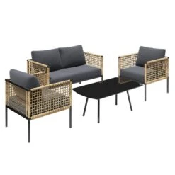 4-Piece Patio Conversation Set, Balcony Bistro Set 2 Outdoor Chairs & 1 Loveseat With Cushions, Coffee Table, Dark Gray -Jearey jearey patio conversation sets swsf4 dr 31 1000