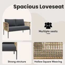 4-Piece Patio Conversation Set, Balcony Bistro Set 2 Outdoor Chairs & 1 Loveseat With Cushions, Coffee Table, Dark Gray -Jearey jearey patio conversation sets swsf4 dr 4f 1000