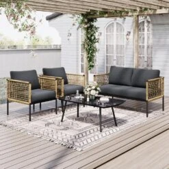 4-Piece Patio Conversation Set, Balcony Bistro Set 2 Outdoor Chairs & 1 Loveseat With Cushions, Coffee Table, Dark Gray