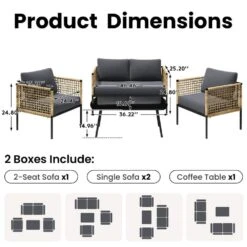 4-Piece Patio Conversation Set, Balcony Bistro Set 2 Outdoor Chairs & 1 Loveseat With Cushions, Coffee Table, Dark Gray -Jearey jearey patio conversation sets swsf4 dr c3 1000
