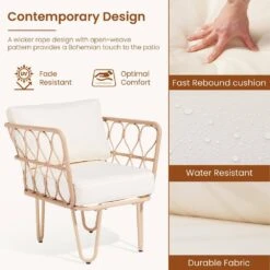 4-Piece Beige Wicker Patio Conversation Set Loveseat With Cushions And Coffee Table -Jearey jearey patio conversation sets tblh 4 bg 1f 1000