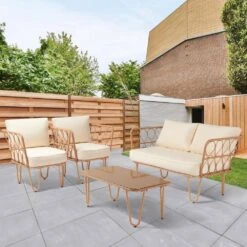 4-Piece Beige Wicker Patio Conversation Set Loveseat With Cushions And Coffee Table -Jearey jearey patio conversation sets tblh 4 bg 31 1000