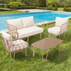 4-Piece Beige Wicker Patio Conversation Set Loveseat With Cushions And Coffee Table