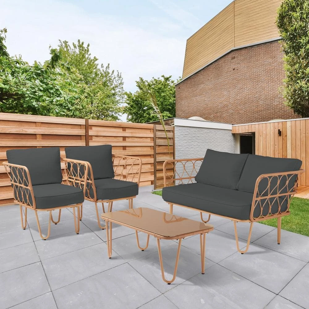 4-Piece Grey Wicker Patio Conversation Set Loveseat With Cushions And Coffee Table 7 4-Piece Grey Wicker Patio Conversation Set Loveseat With Cushions And Coffee Table - Image 7