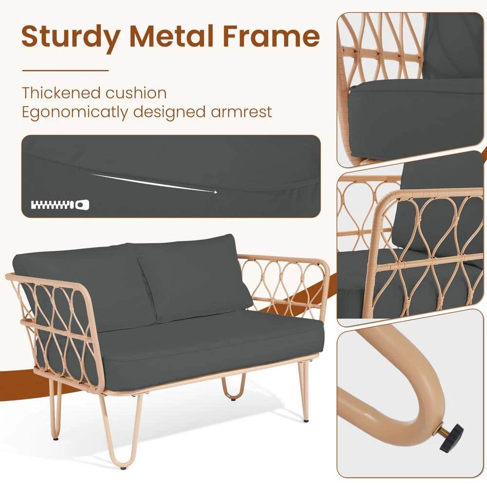 4-Piece Grey Wicker Patio Conversation Set Loveseat With Cushions And Coffee Table 5 4-Piece Grey Wicker Patio Conversation Set Loveseat With Cushions And Coffee Table - Image 5