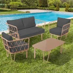 4-Piece Grey Wicker Patio Conversation Set Loveseat With Cushions And Coffee Table