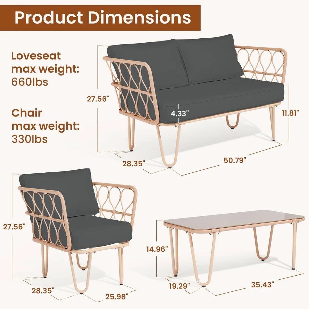 4-Piece Grey Wicker Patio Conversation Set Loveseat With Cushions And Coffee Table 2 4-Piece Grey Wicker Patio Conversation Set Loveseat With Cushions And Coffee Table - Image 2