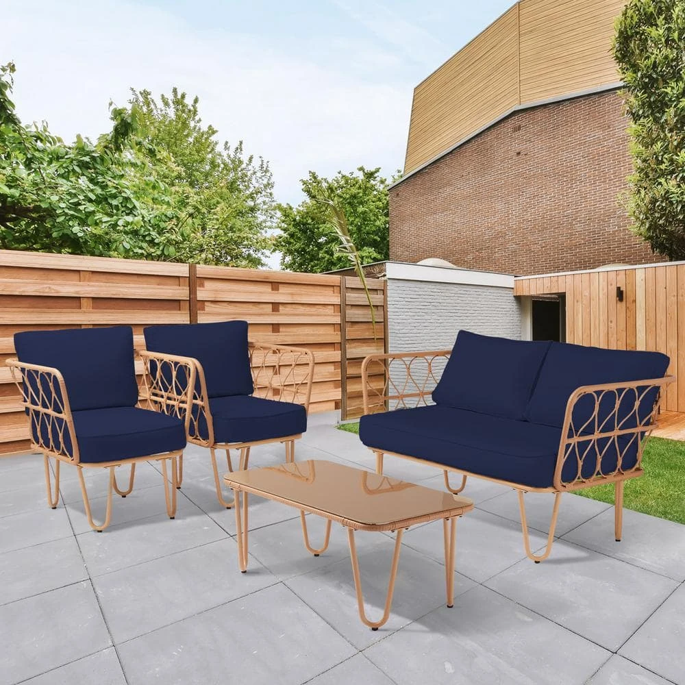 4-Piece Navy Wicker Patio Conversation Set Loveseat With Cushions And Coffee Table 7 4-Piece Navy Wicker Patio Conversation Set Loveseat With Cushions And Coffee Table - Image 7