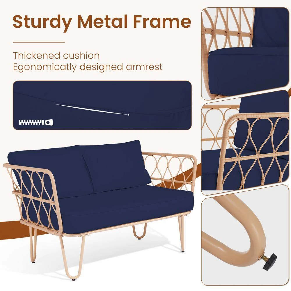 4-Piece Navy Wicker Patio Conversation Set Loveseat With Cushions And Coffee Table 5 4-Piece Navy Wicker Patio Conversation Set Loveseat With Cushions And Coffee Table - Image 5