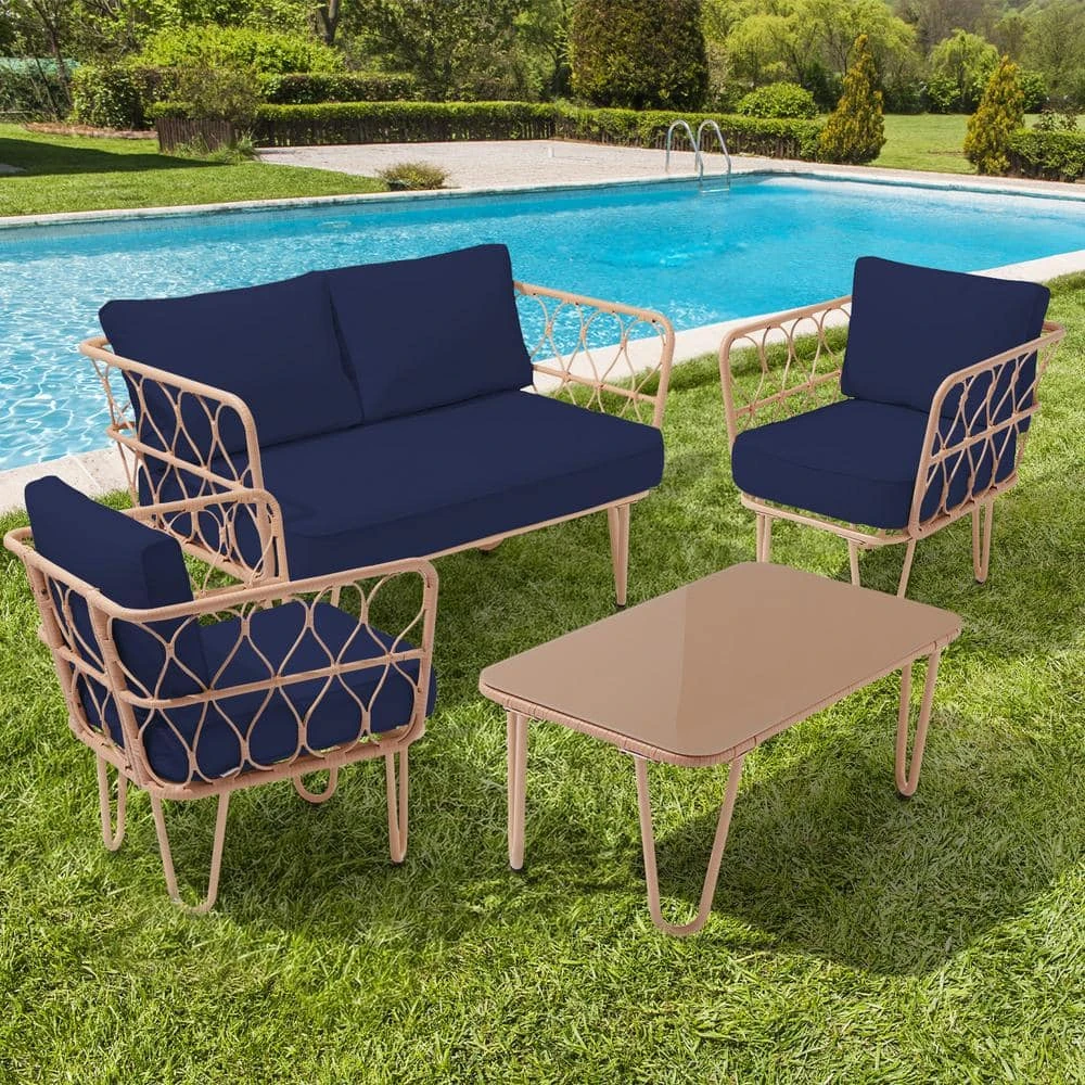 4-Piece Navy Wicker Patio Conversation Set Loveseat With Cushions And Coffee Table 1 4-Piece Navy Wicker Patio Conversation Set Loveseat With Cushions And Coffee Table
