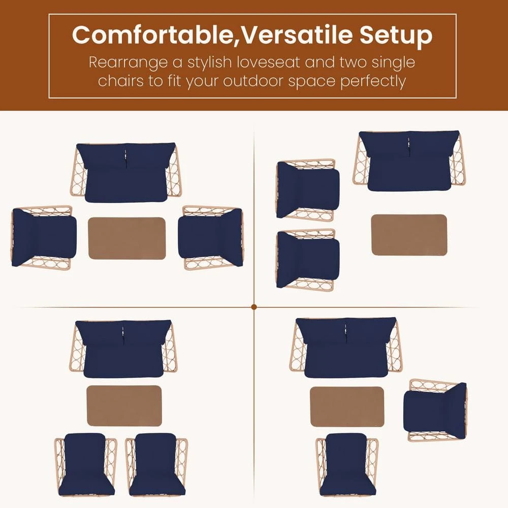 4-Piece Navy Wicker Patio Conversation Set Loveseat With Cushions And Coffee Table 3 4-Piece Navy Wicker Patio Conversation Set Loveseat With Cushions And Coffee Table - Image 3