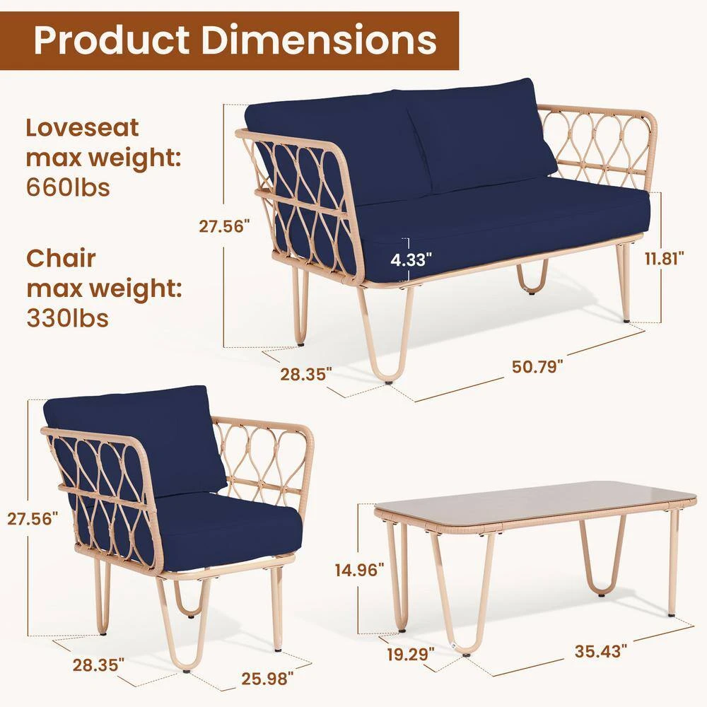 4-Piece Navy Wicker Patio Conversation Set Loveseat With Cushions And Coffee Table 2 4-Piece Navy Wicker Patio Conversation Set Loveseat With Cushions And Coffee Table - Image 2