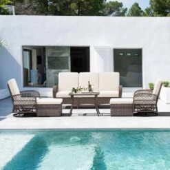 6-Piece Wicker Patio Conversation Set With Creamy White Cushions