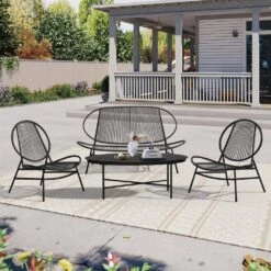 4-Piece Black Round Rattan Patio Rust-Proof Outdoor Bistro Set -Jearey jearey patio conversation sets xsd4p black 31 1000