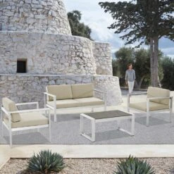 4-Piece Aluminum Patio Conversation Set With Khaki Cushions And Coffee Table -Jearey jearey patio conversation sets xymlsf4jt khaki 31 1000