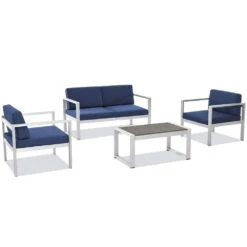 4-Piece Aluminum Patio Conversation Set With Navy Blue Cushions