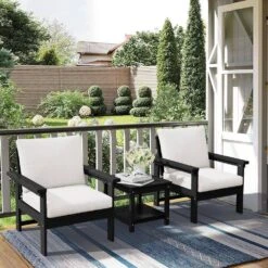 Black 3-Piece Eco-Friendly HDPE Patio Seating Set Conversation Set With Beige Cushions And Side Table -Jearey jearey patio conversation sets zhsfbj bkbg 31 1000