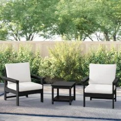 Black 3-Piece Eco-Friendly HDPE Patio Seating Set Conversation Set With Beige Cushions And Side Table