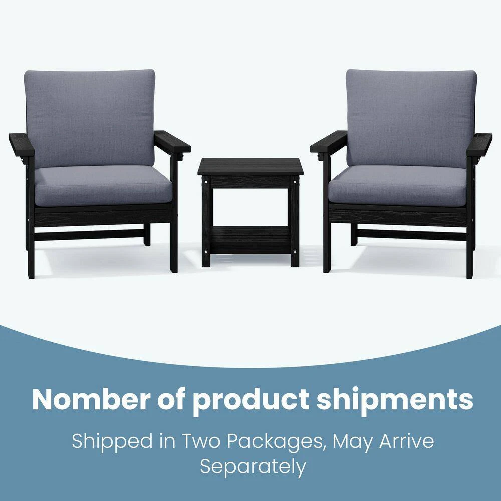 Black 3-Piece Eco-Friendly HDPE Patio Seating Set Conversation Set With Gray Cushions And Side Table 4 Black 3-Piece Eco-Friendly HDPE Patio Seating Set Conversation Set With Gray Cushions And Side Table - Image 4